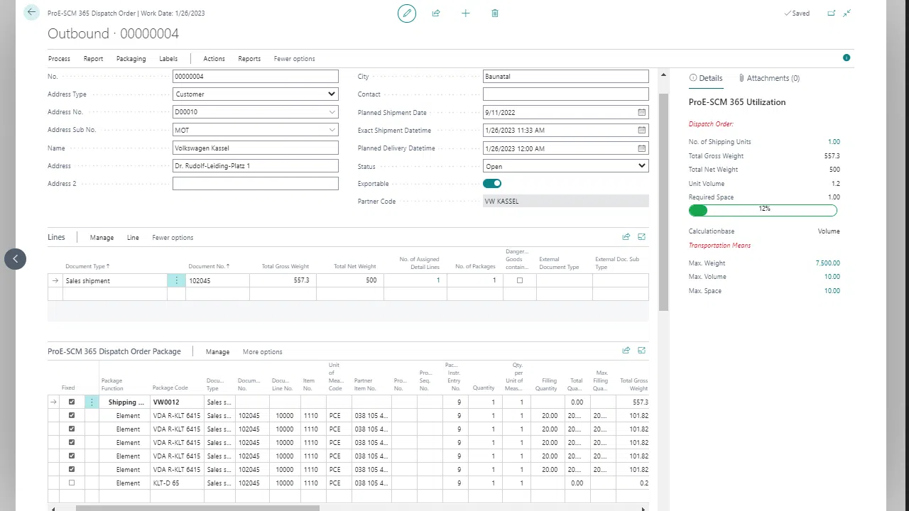 Dispatch order screen with shipment details in ProE-SCM 365 software.