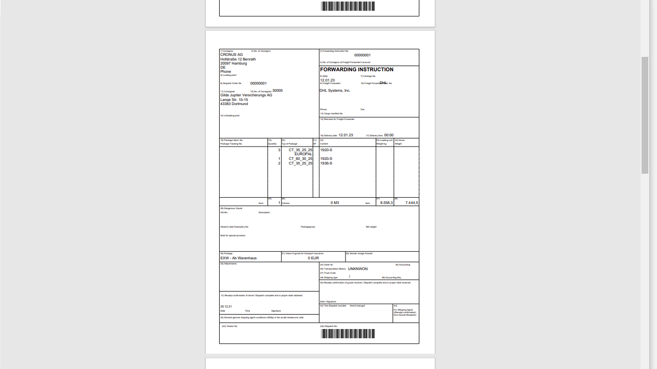 Shipping document with logistical details and forwarding information.