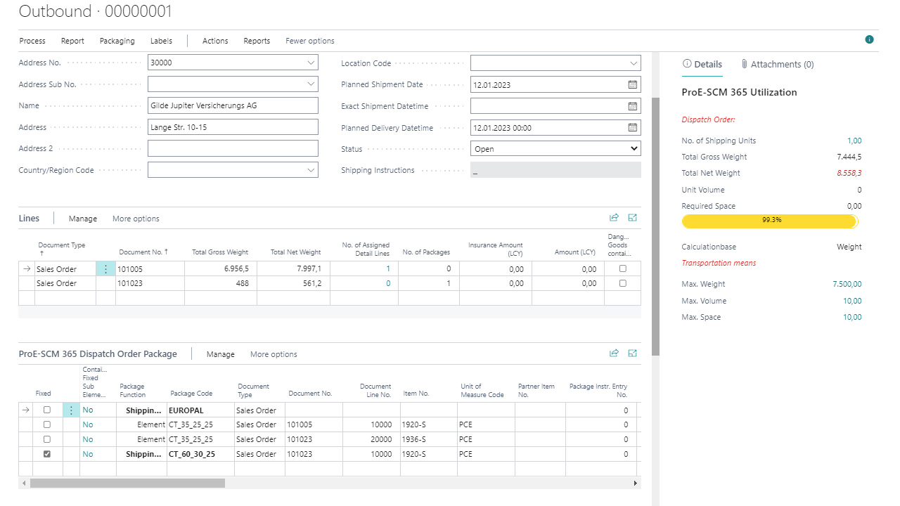 Logistics order dashboard showing shipping details and package information.