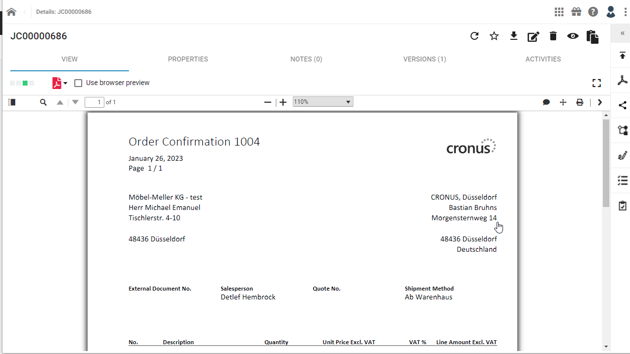 Order confirmation document with addresses and details visible.