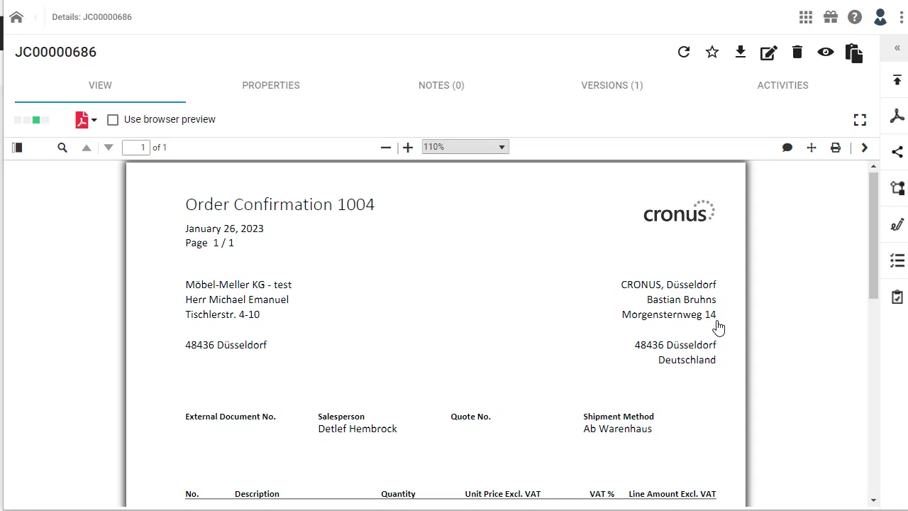 Order confirmation document with addresses and details visible.