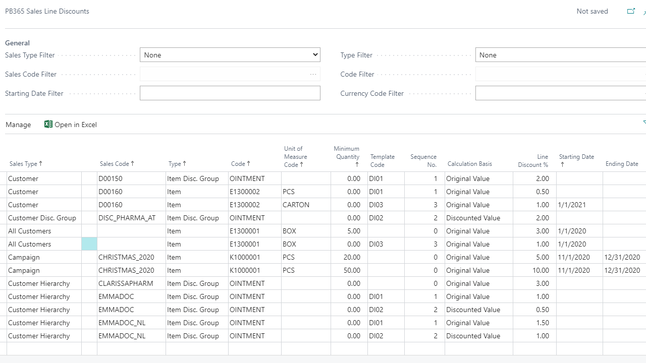 Sales discount table with customer and item details.