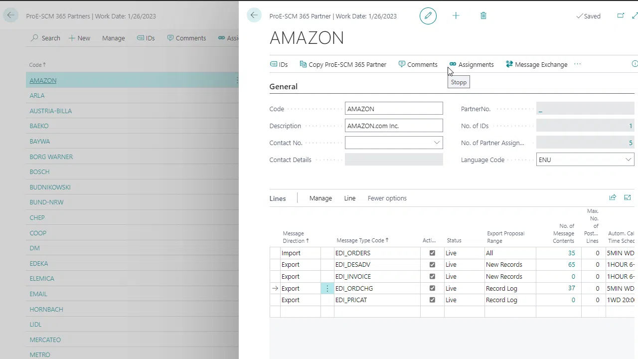 Interface of ProE-SCM 365 showing partner details for Amazon.
