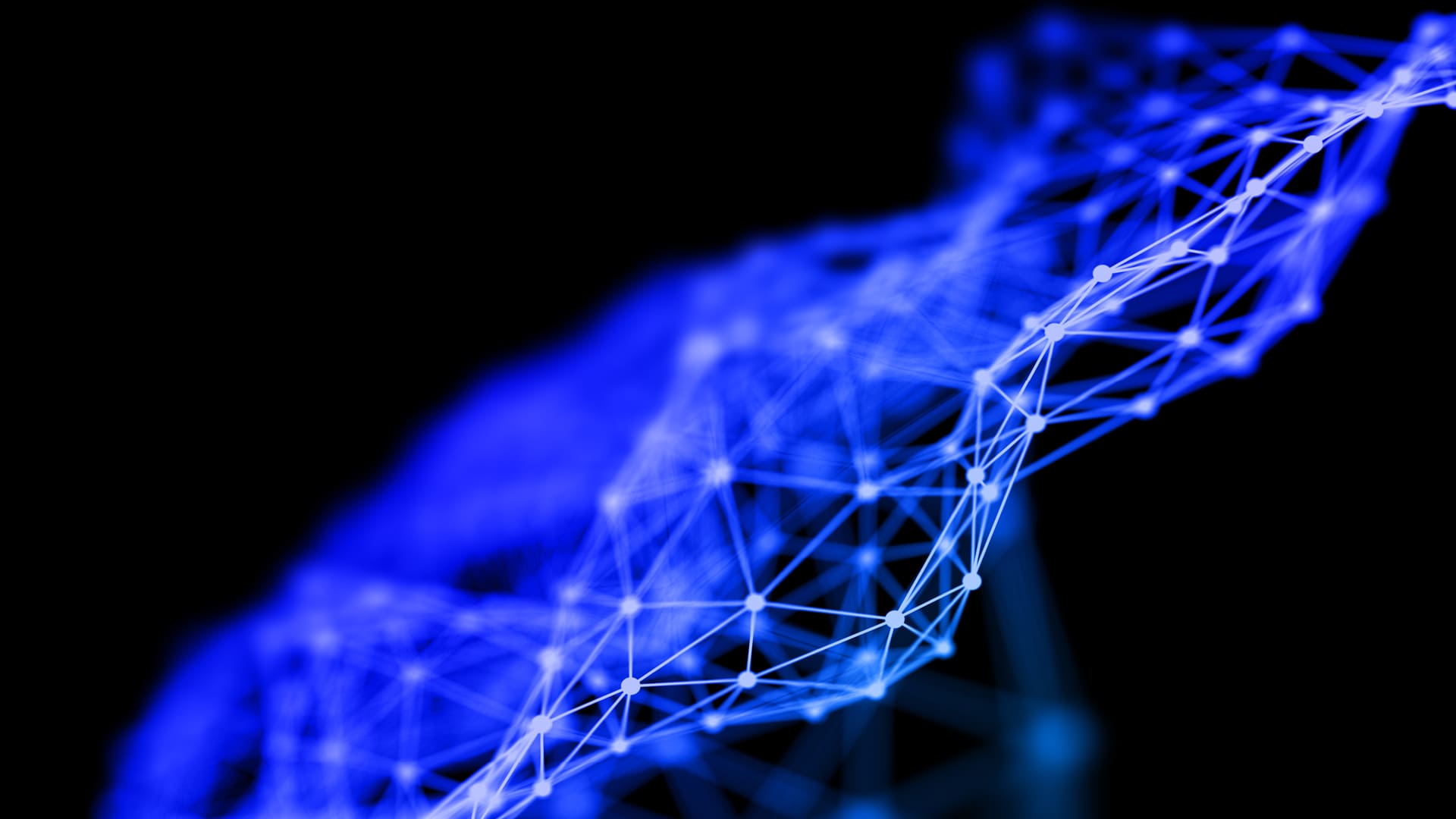 Blaues geometrisches Netzwerk vor schwarzem Hintergrund.