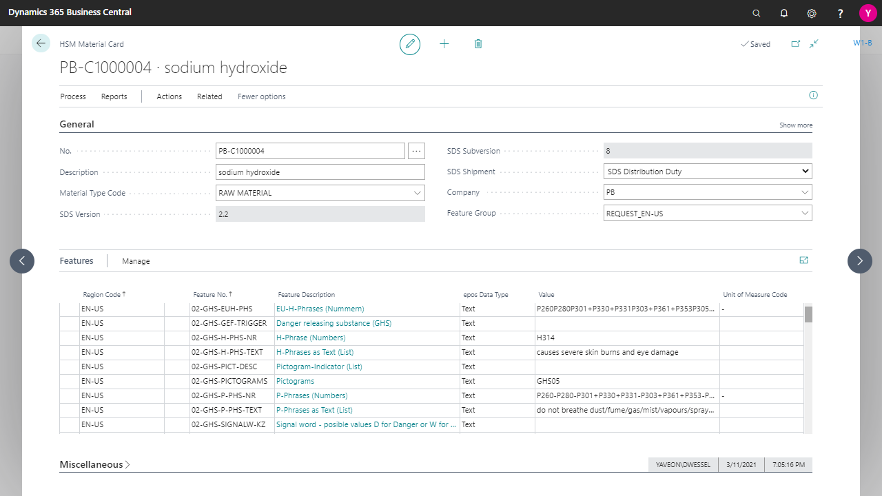 Dynamics 365 Business Central sodium hydroxide material card screen.