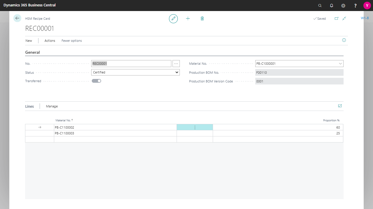 Microsoft Dynamics 365 Business Central recipe card interface.
