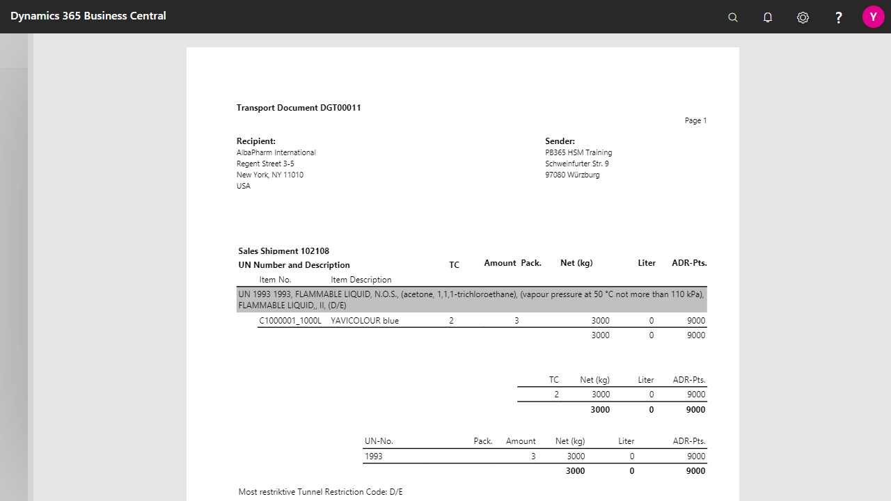 Transport document displaying shipment details and addresses.