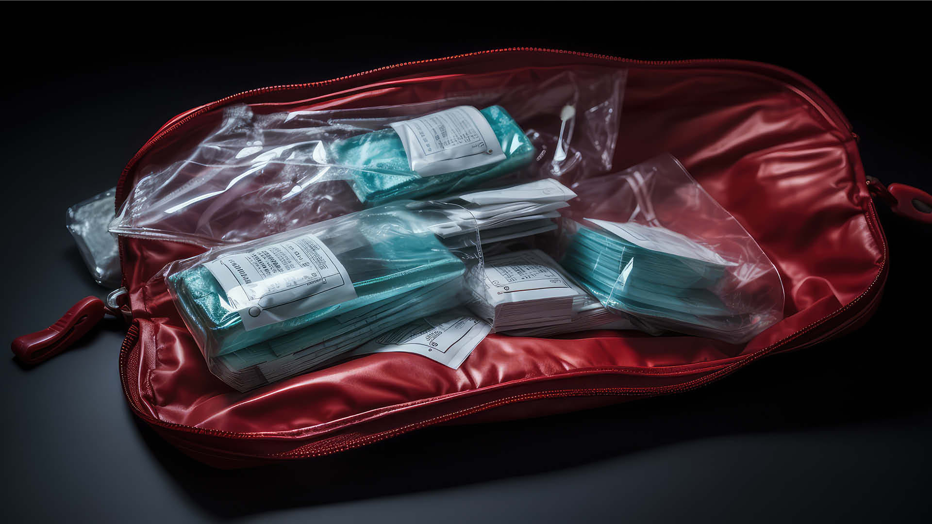Red case containing packaged medical masks.