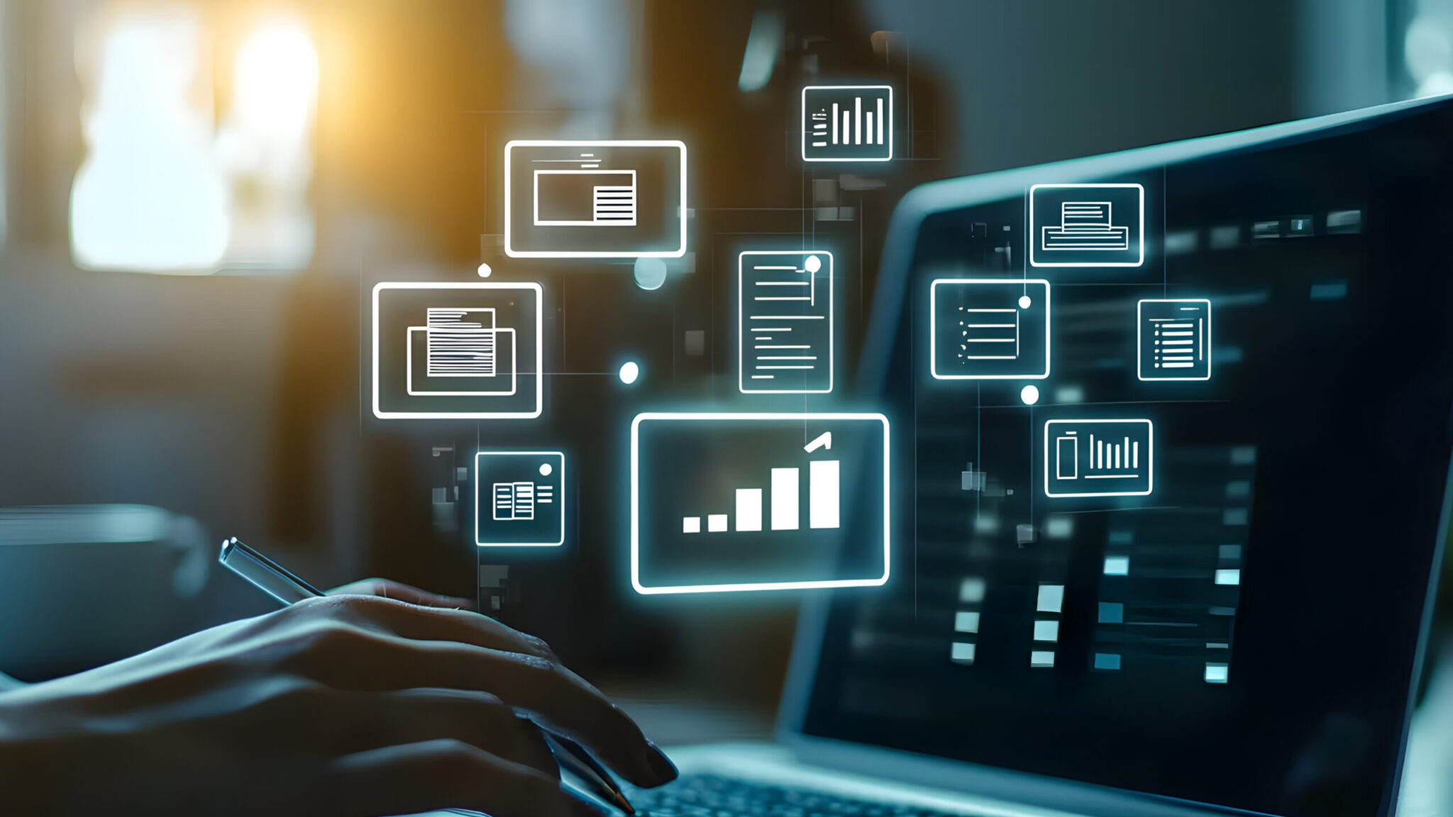 Laptop-Nutzer mit digitalen Diagrammen und Dokumenten-Icons.
