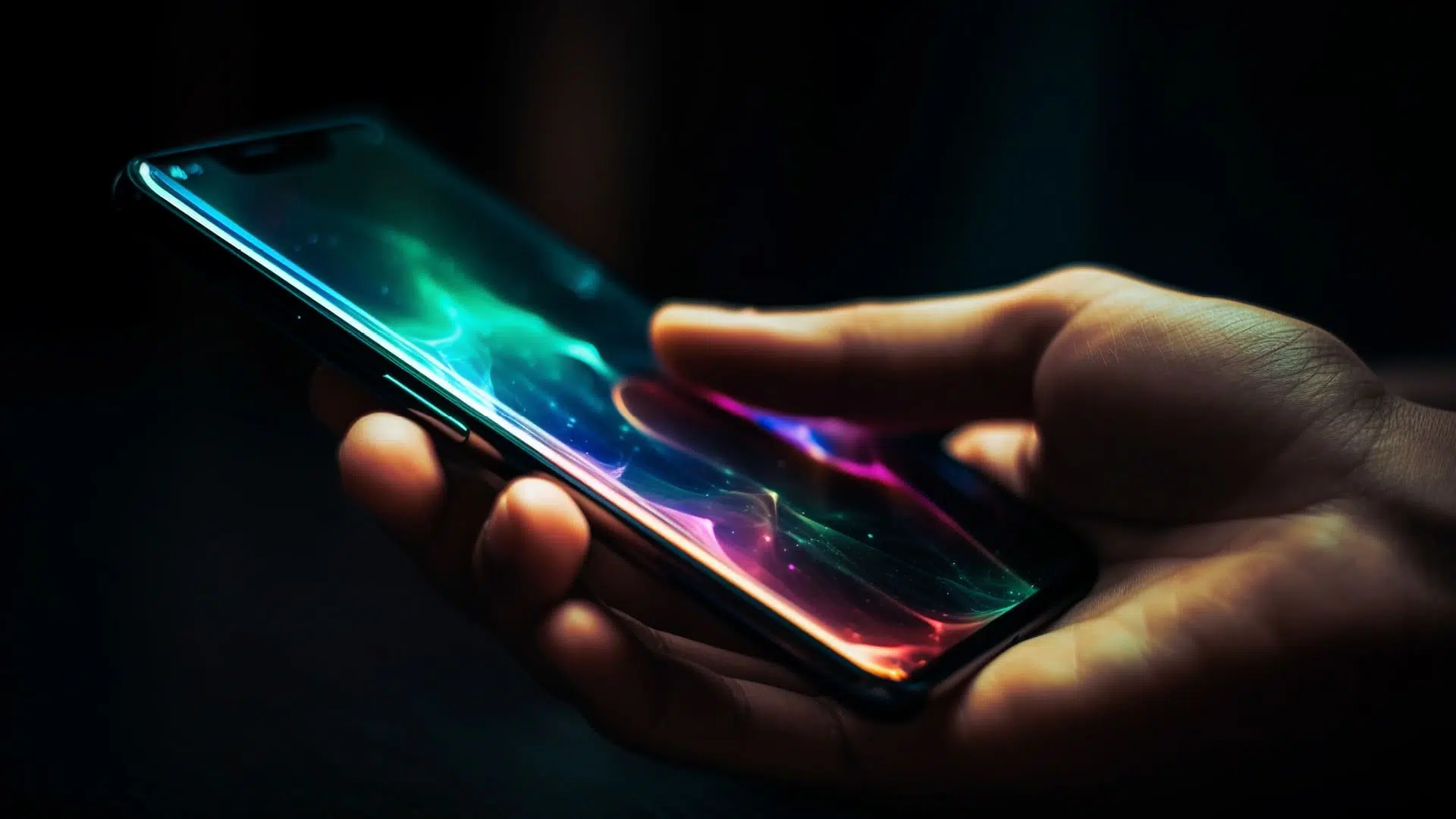 Person holding a smartphone with a vibrant, colorful display in low light.