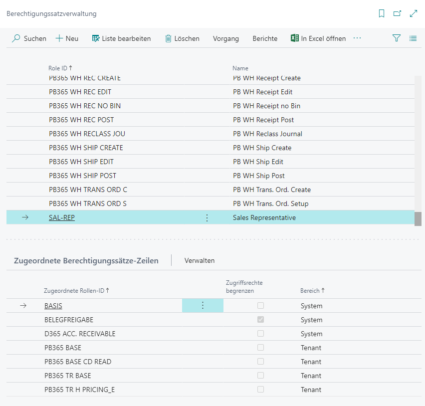 Role management interface with user permissions in a software system.