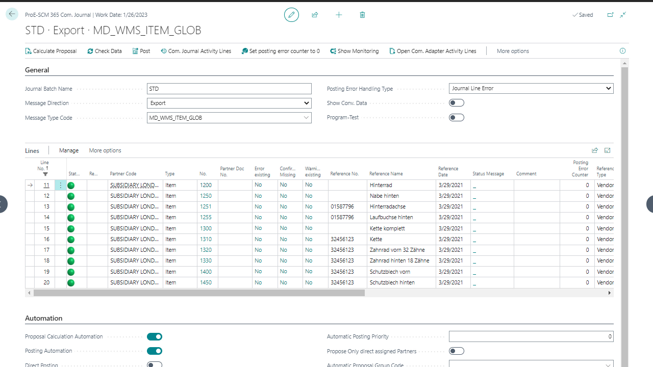 Business software interface with export journal details.
