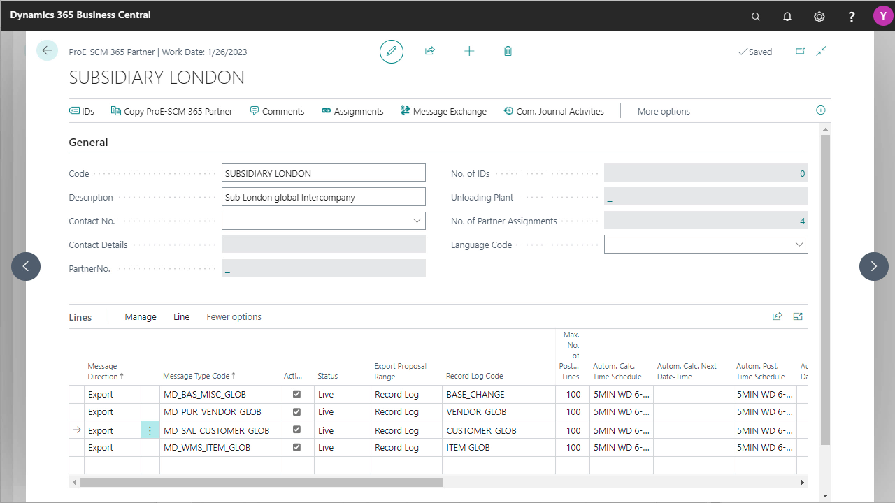 Dynamics 365 Business Central interface with Subsidiary London details.