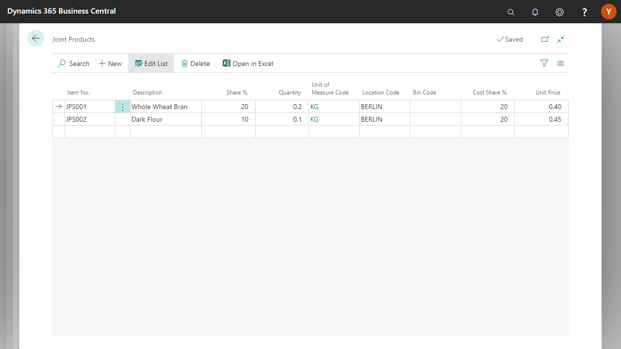 Dynamics 365 screen showing joint products list with items and details.