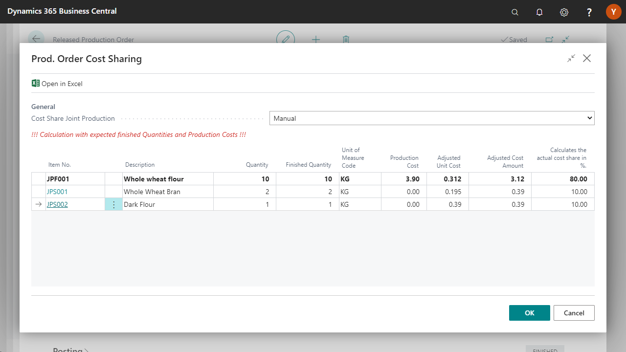 Dynamics 365 screen showing cost sharing for production order.