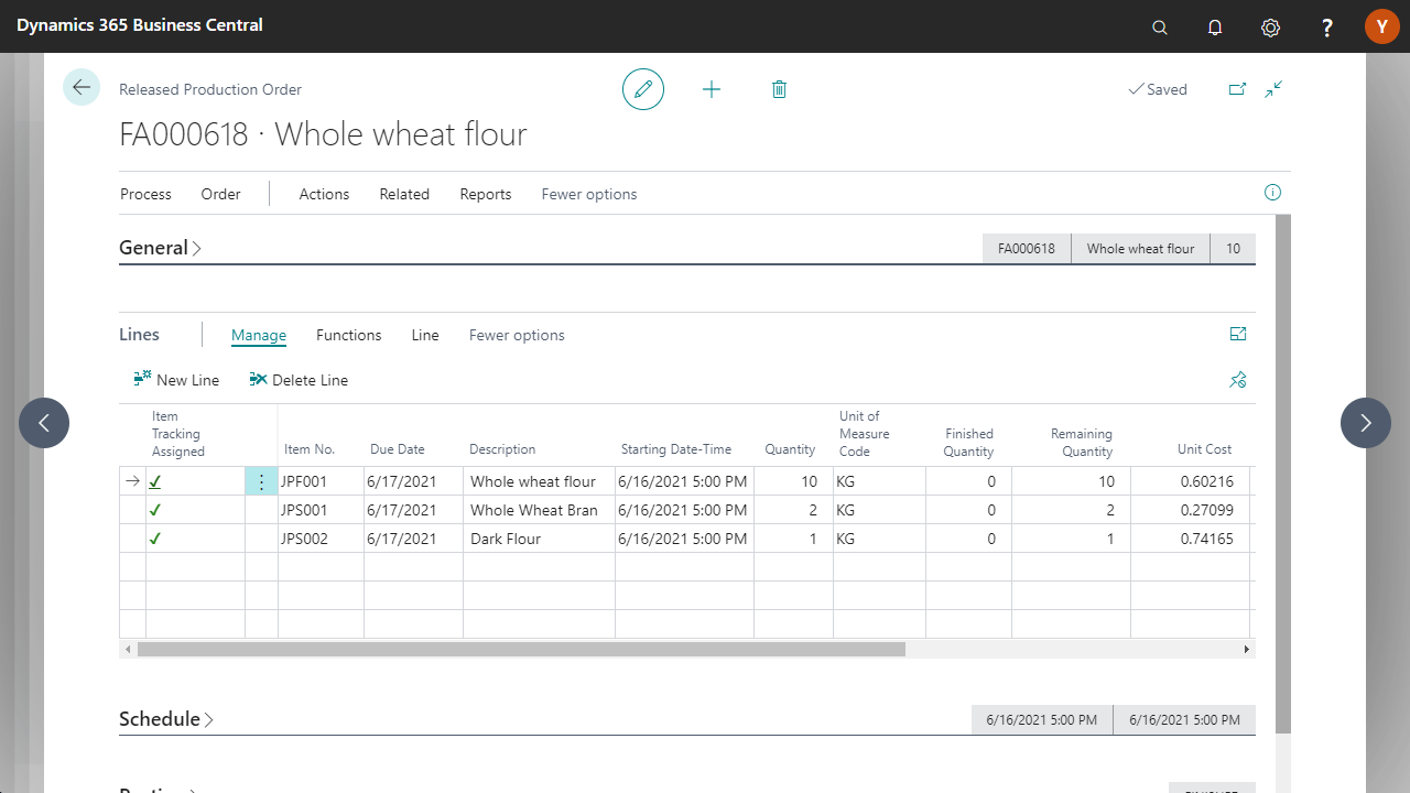 Dynamics 365 production order for whole wheat flour.