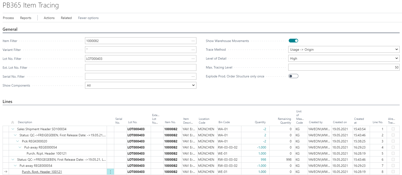 PB365 item tracing interface with detailed transaction data.