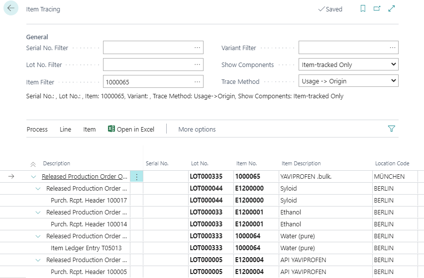 Inventory item tracing screen with production and purchase records.