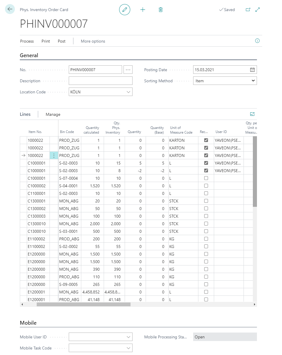 Inventory order card with item details and quantities in a software interface.