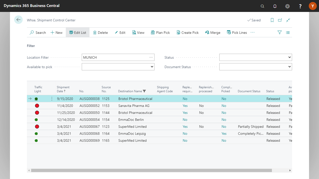 Shipment control dashboard in Dynamics 365 Business Central.