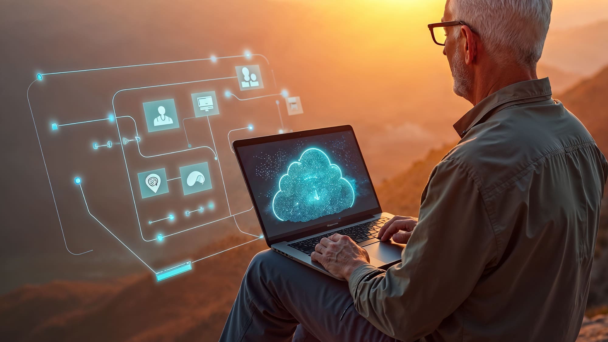 Man with laptop, cloud symbols at sunset.