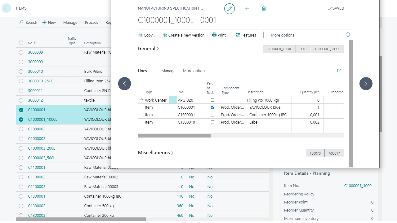 Manufacturing specification screen with item details.
