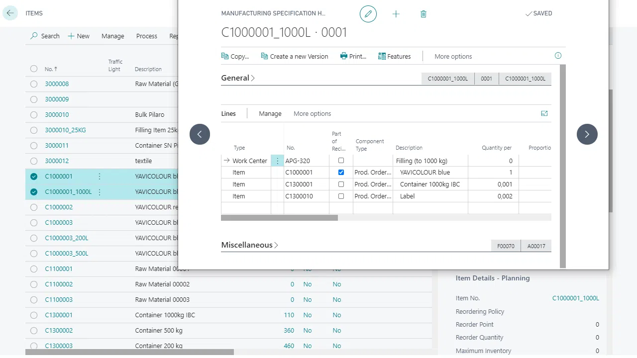 Manufacturing specification screen with item details.