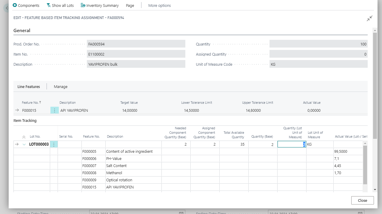 Feature-based item tracking assignment screen for YAVIPROFEN bulk.