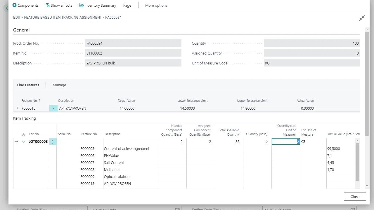 Feature-based item tracking assignment screen for YAVIPROFEN bulk.