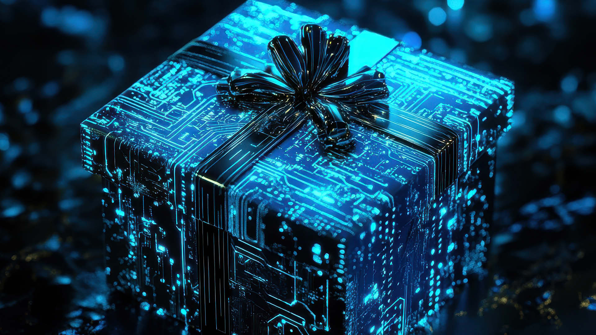 Leuchtendes Geschenk mit Schaltkreis-Muster in Blau.