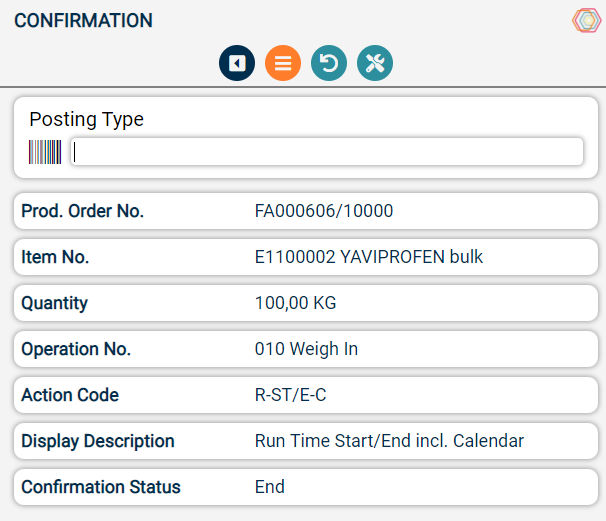 Production order confirmation with item details and status.