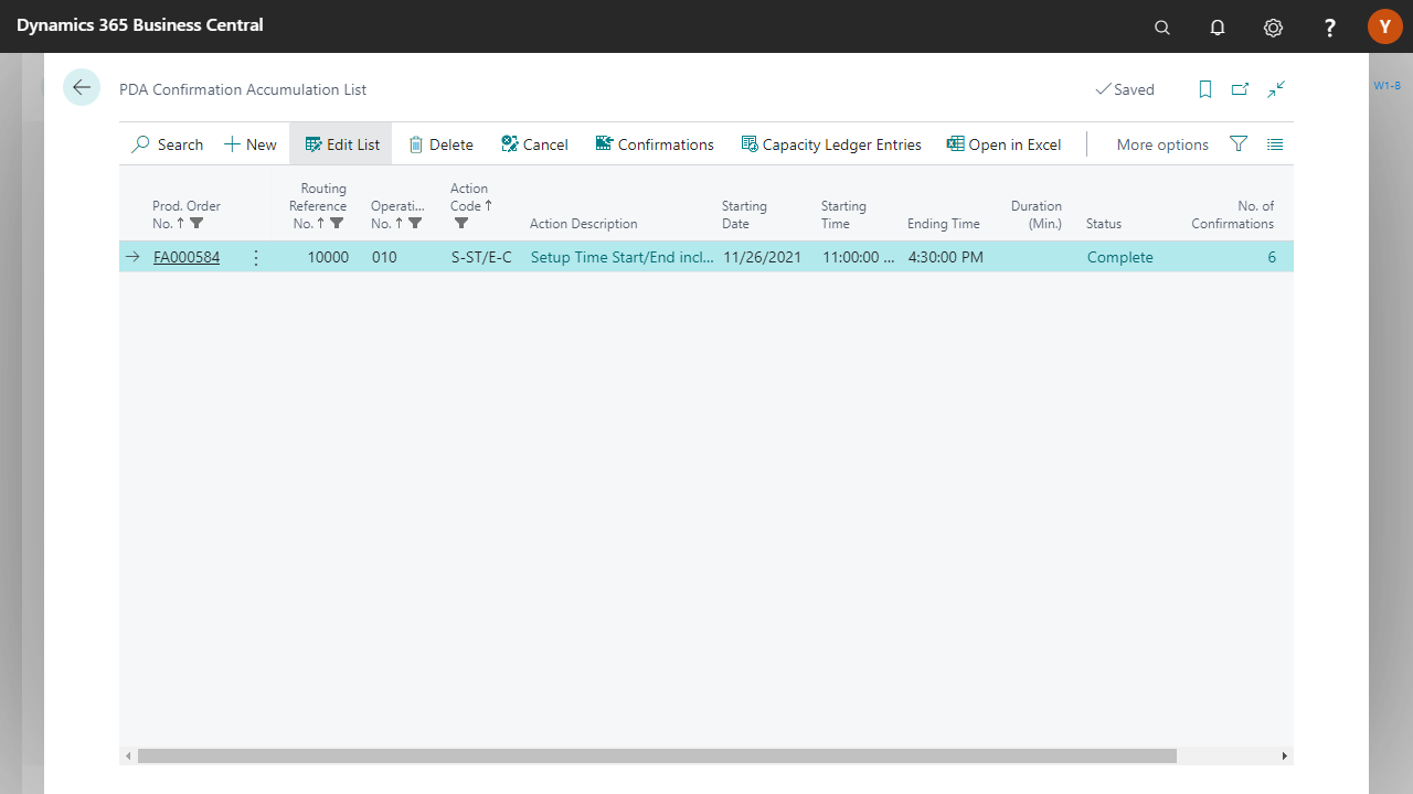 Dynamics 365 screen showing a production order confirmation list.