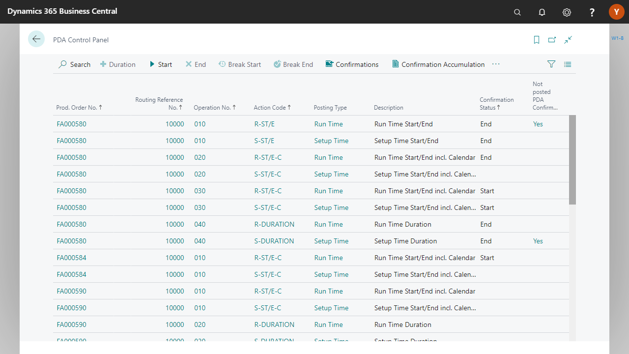 Dynamics 365 Business Central PDA control panel view.