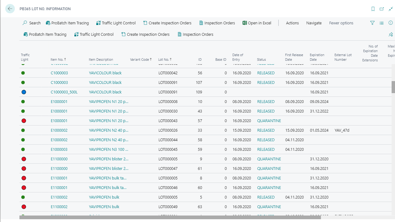 Screen displaying inventory lot information with release statuses.