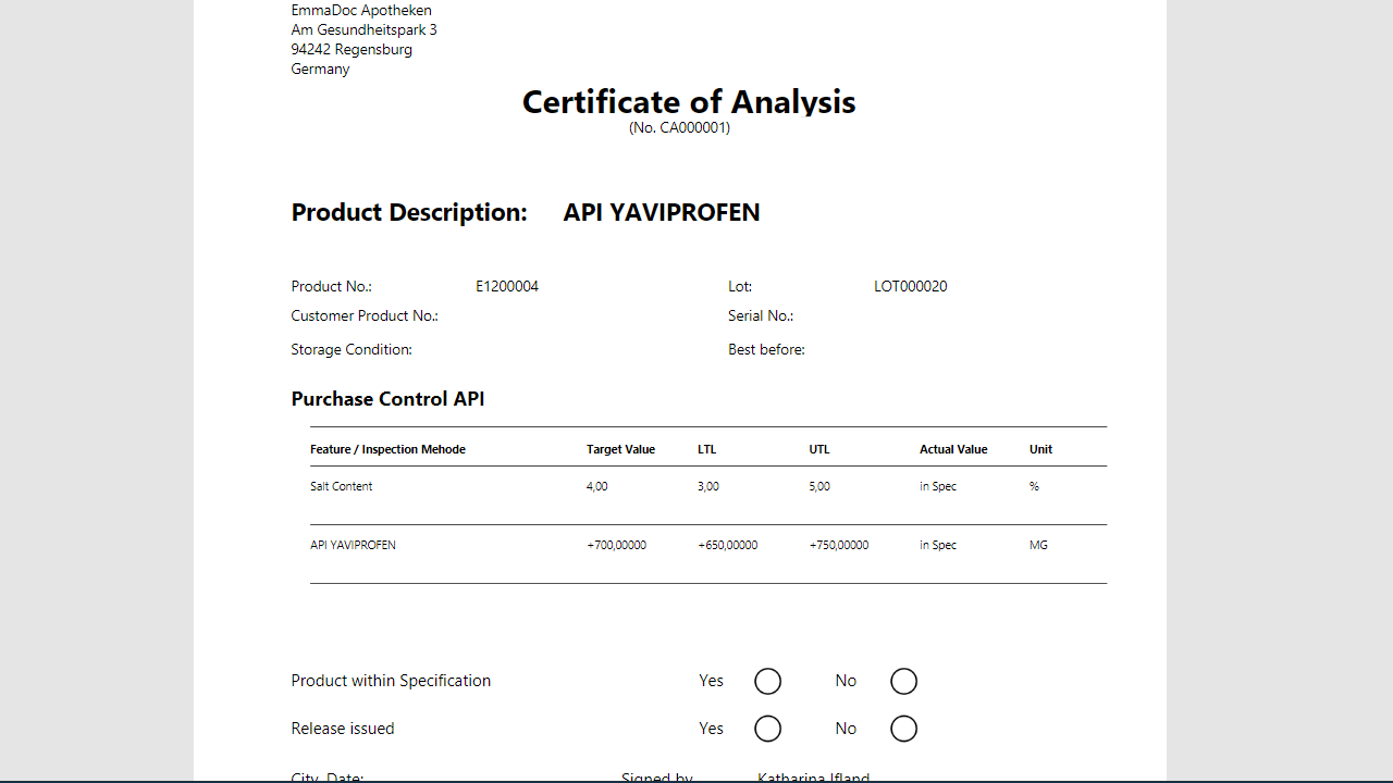 Certificate of Analysis for API Yaviprofren from EmmaDoc Apotheken.