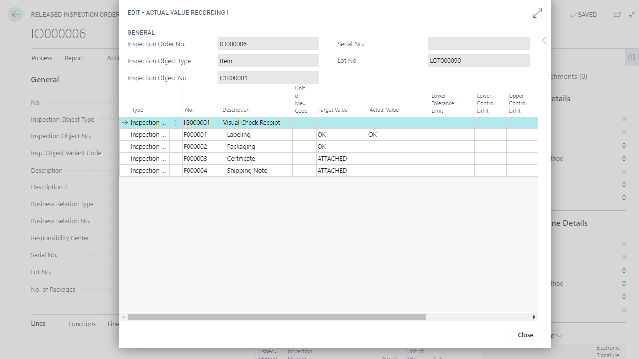 Inspection order interface with item details and status.