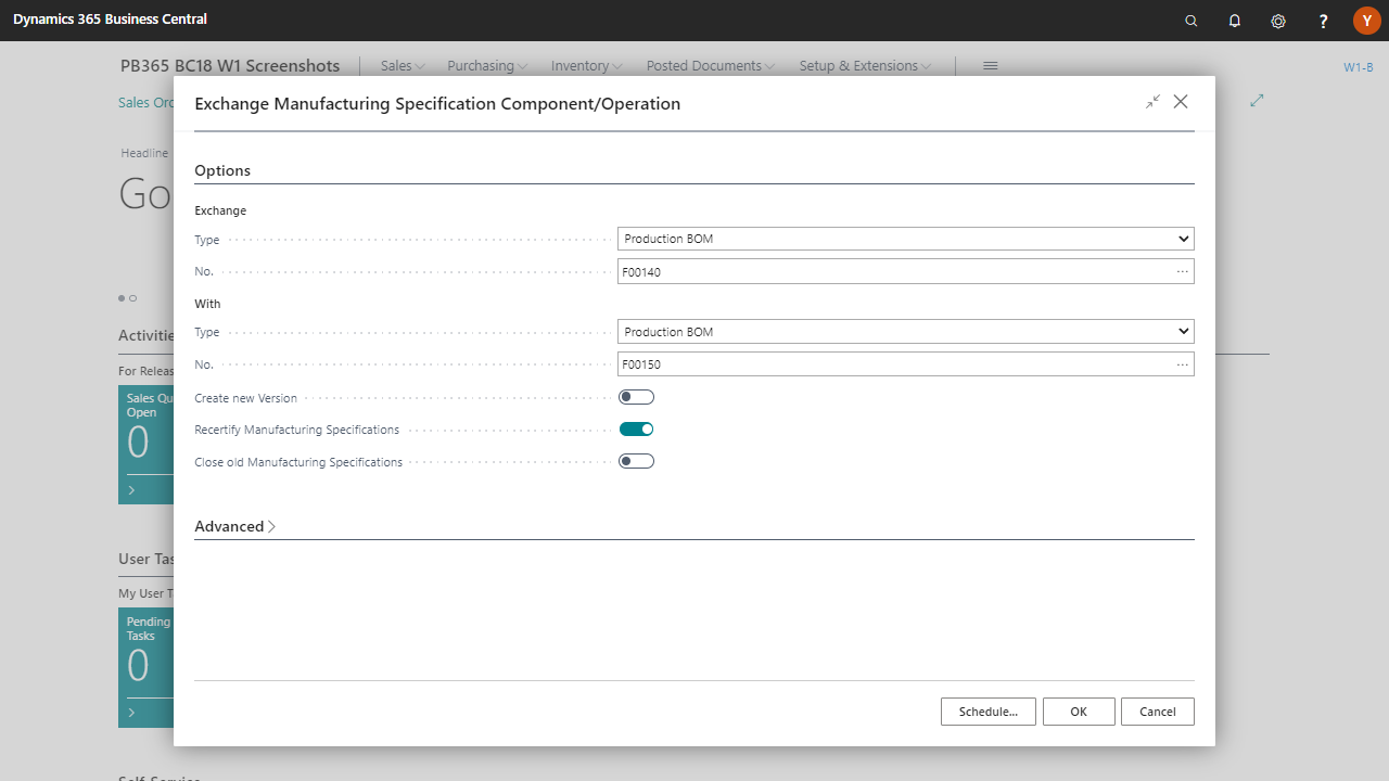 Exchange Manufacturing Specification window in Dynamics 365 Business Central.