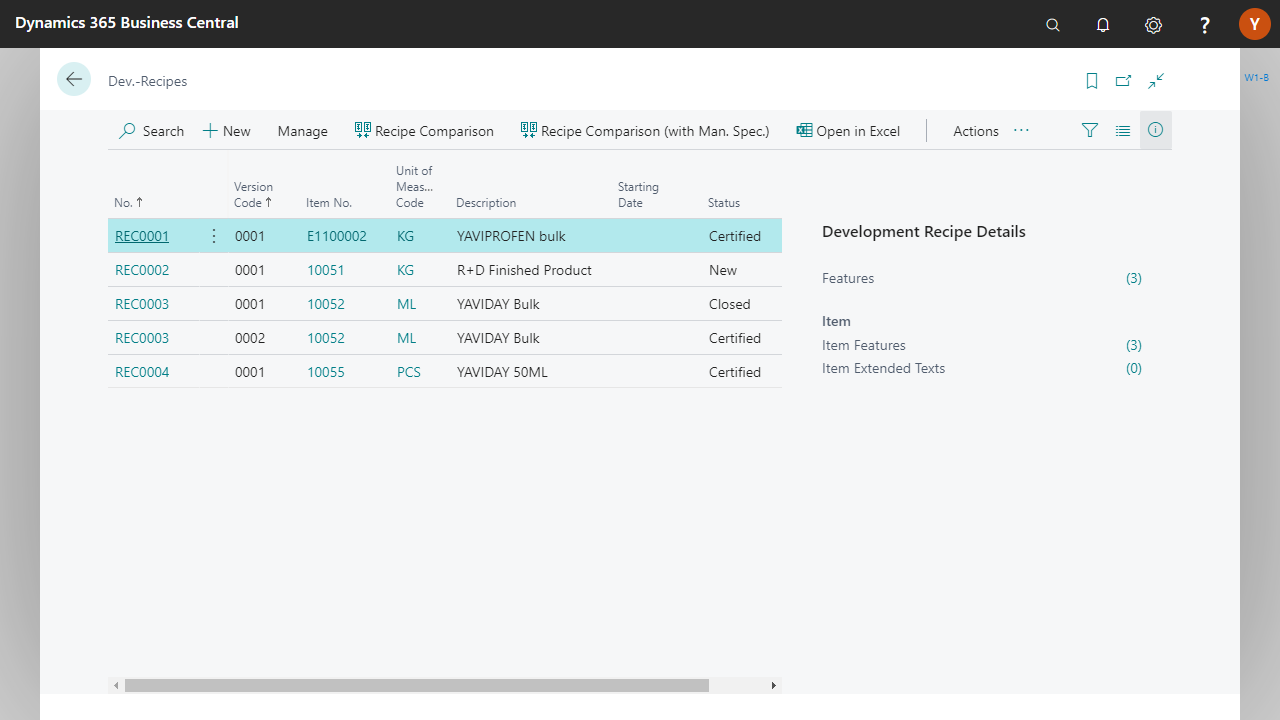 Dynamics 365 Business Central recipe list with status details.