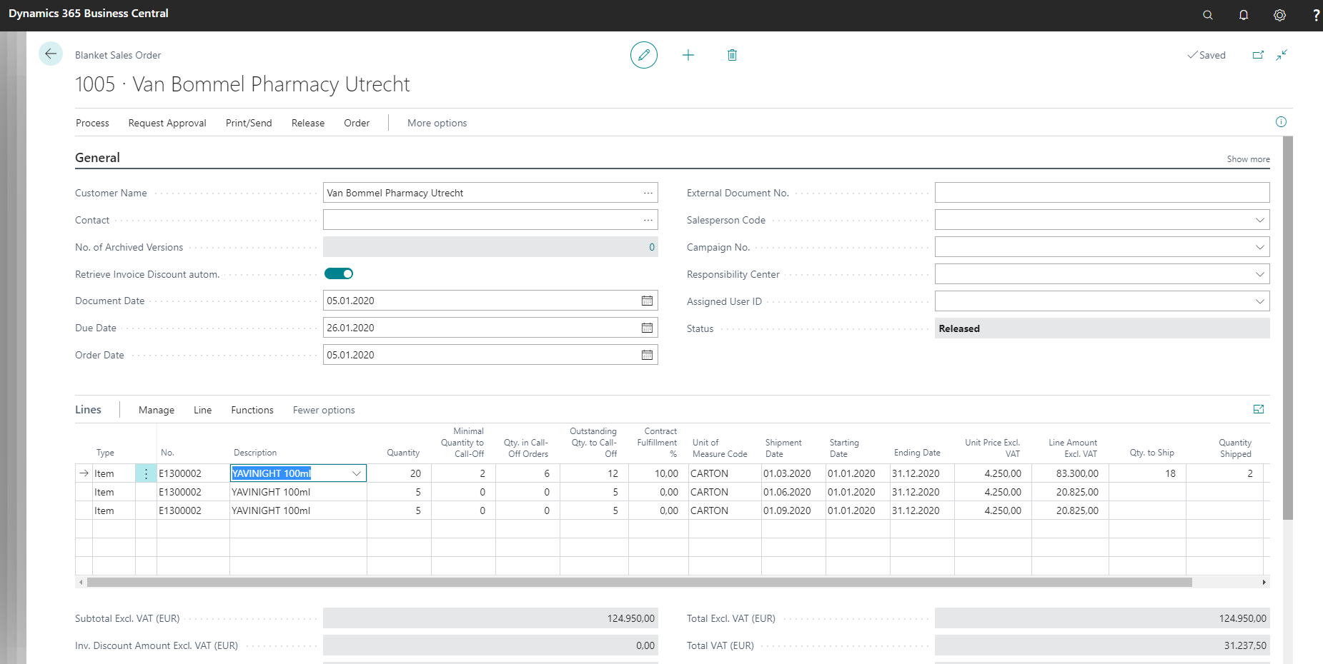 Dynamics 365 Business Central screen with sales order details.