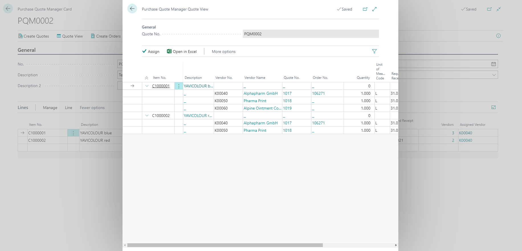 Purchase quote management system with vendor details and item listings.