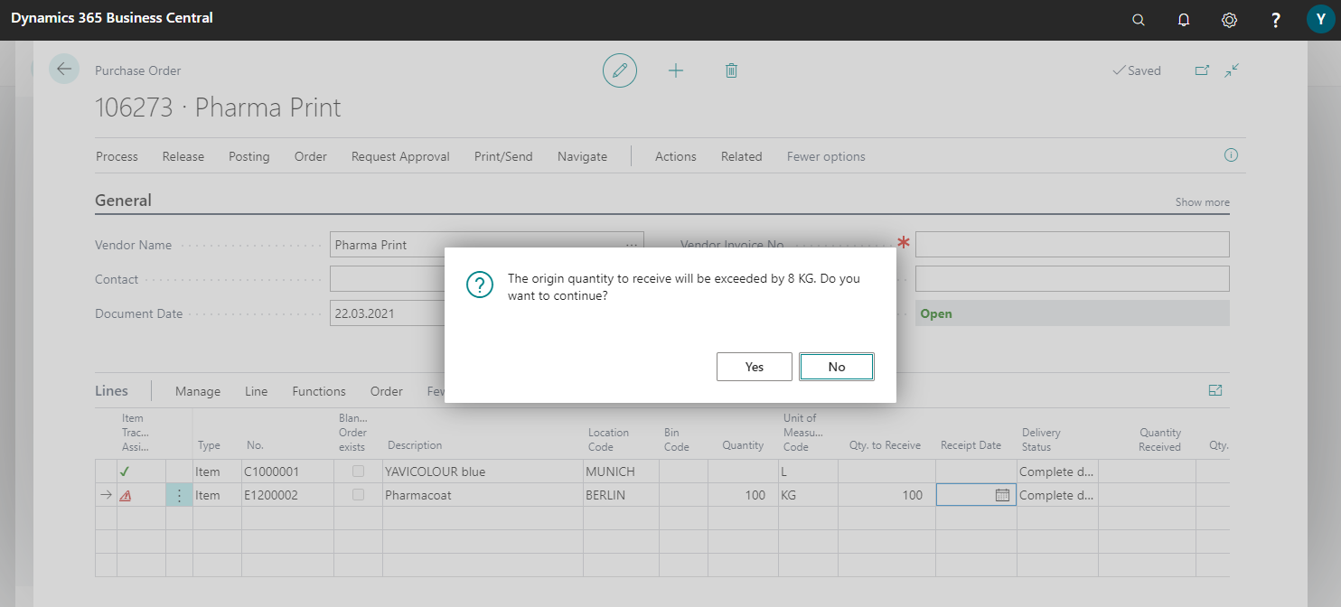 Purchase order prompt in Dynamics 365 Business Central