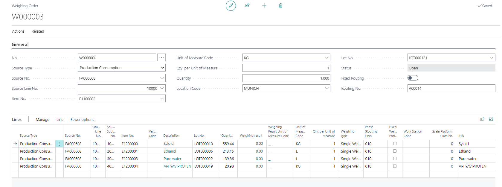 Weighing order interface with inventory details.