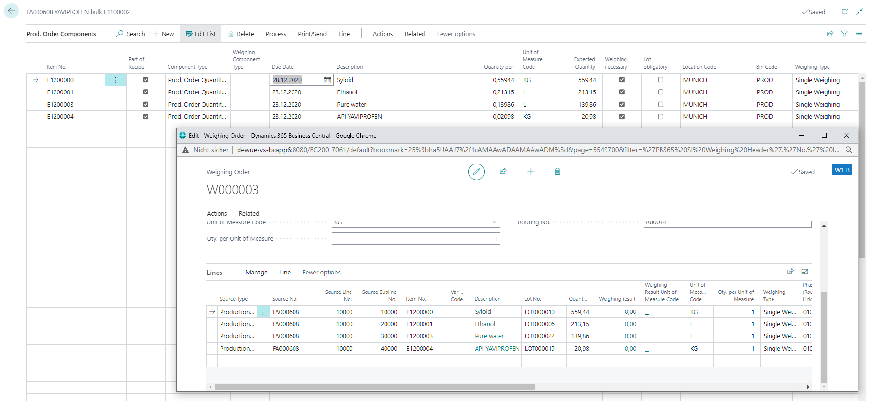 Business Central interface showing production order components and weighing deta
