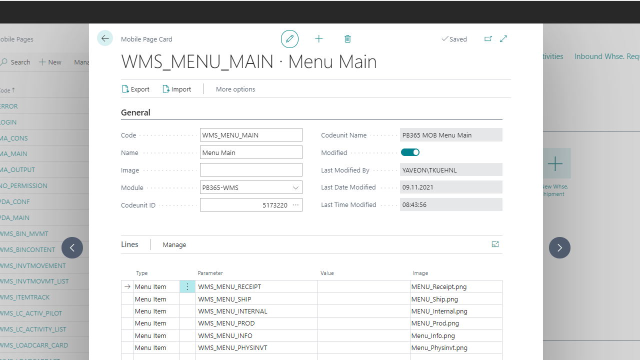 Screen view of a WMS system with menu and code details.