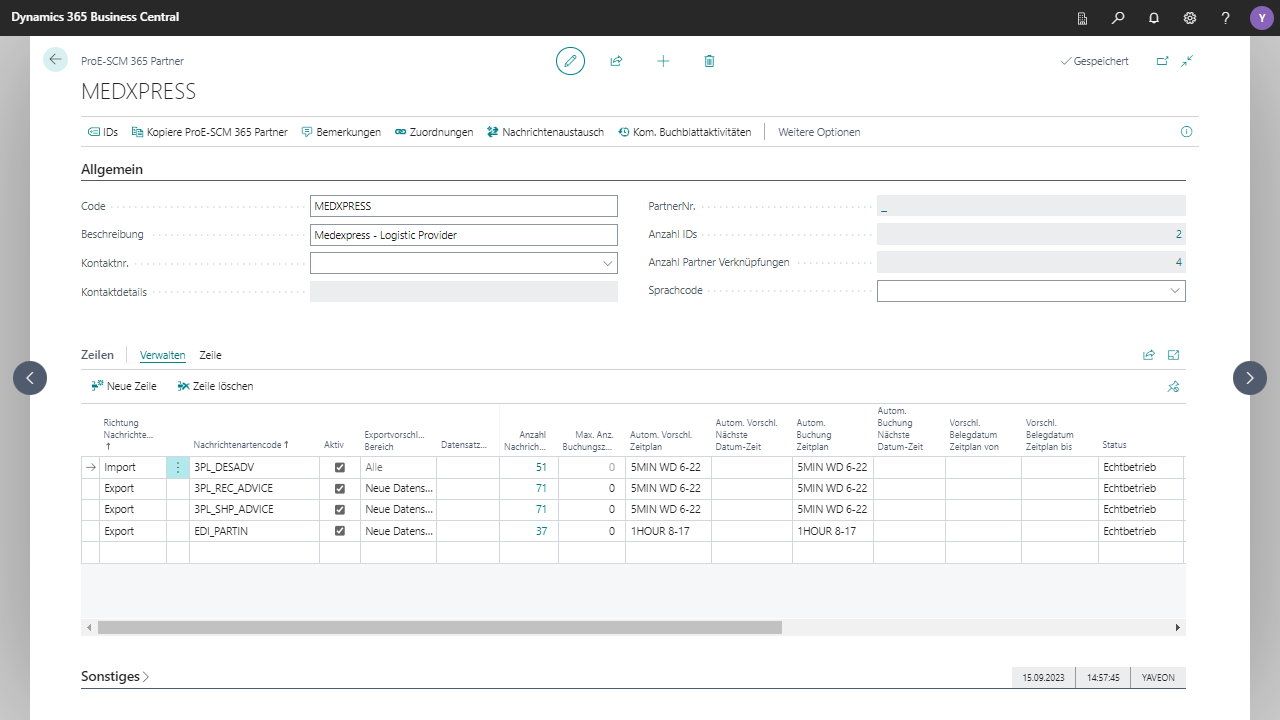 Dynamics 365 Business Central mit Partnerinformationen zu MEDXPRESS.