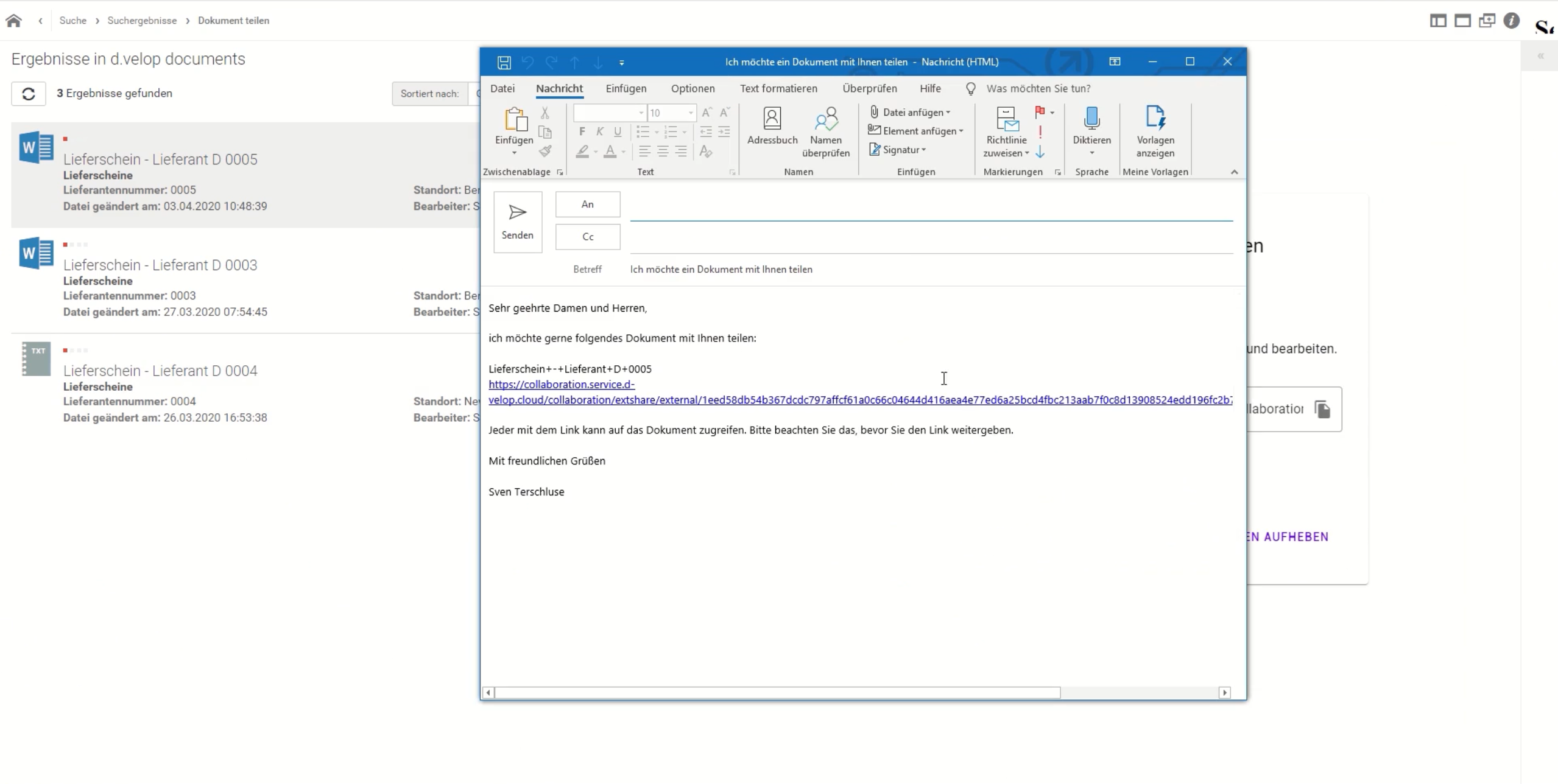 Screenshot der Outlook Integration unserer DMS-Lösung