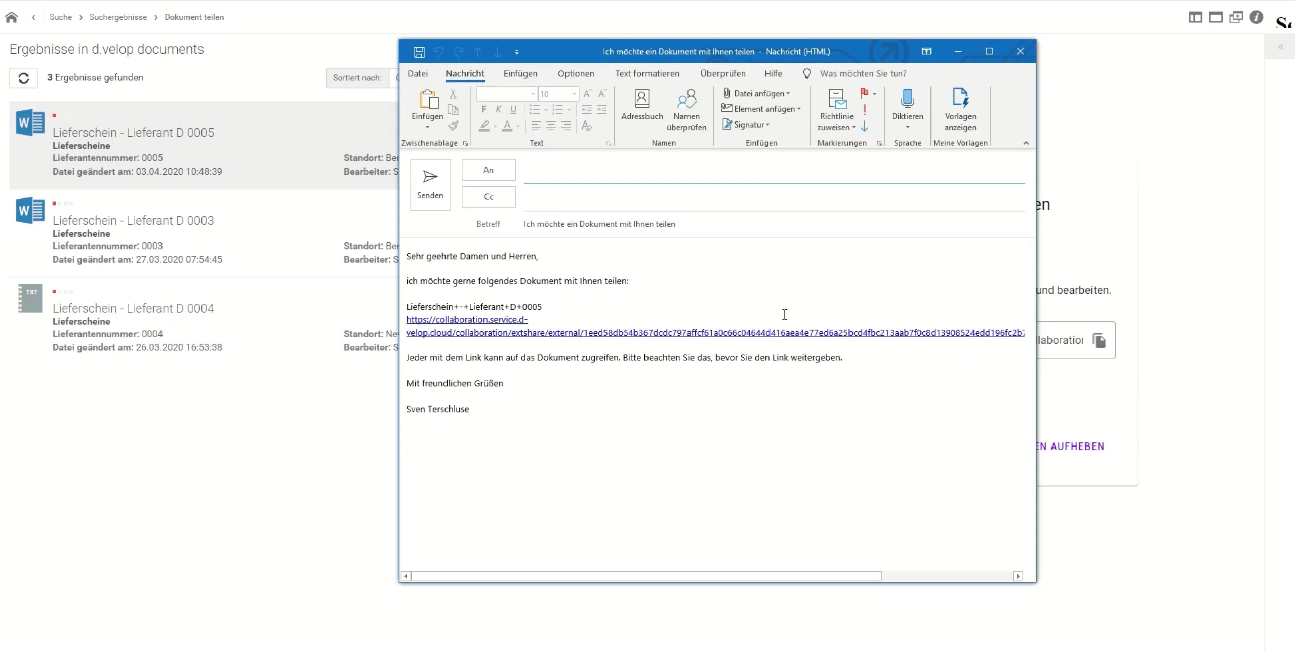 Screenshot der Outlook Integration unserer DMS-Lösung