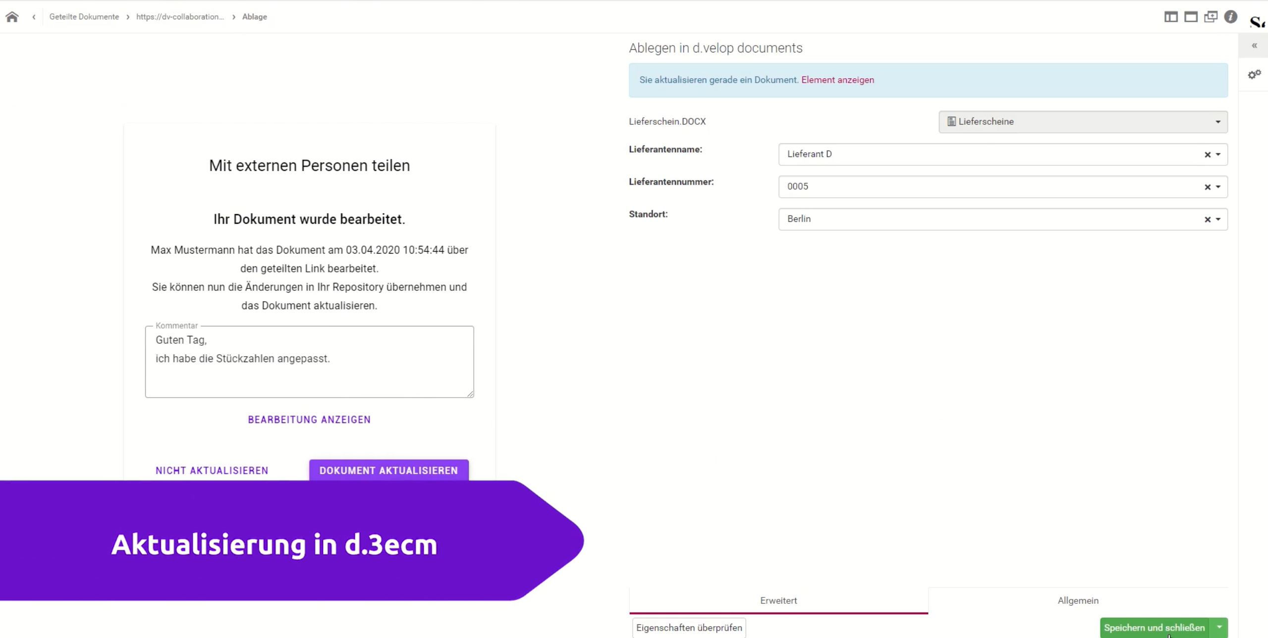 Screenshot Dokumentenfreigabe aus ProDocs