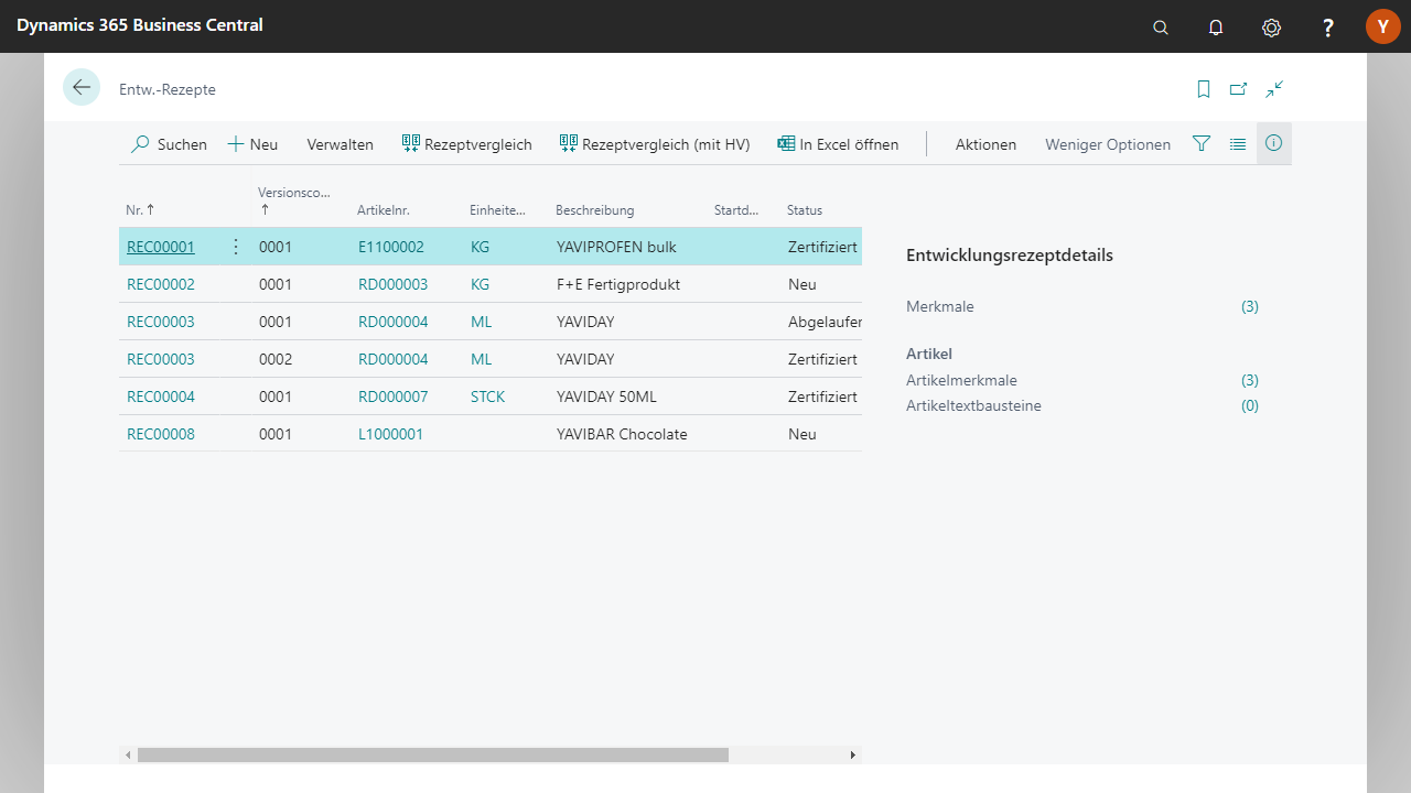 Screenshot Entwicklungsrezept aus der Research & Development App