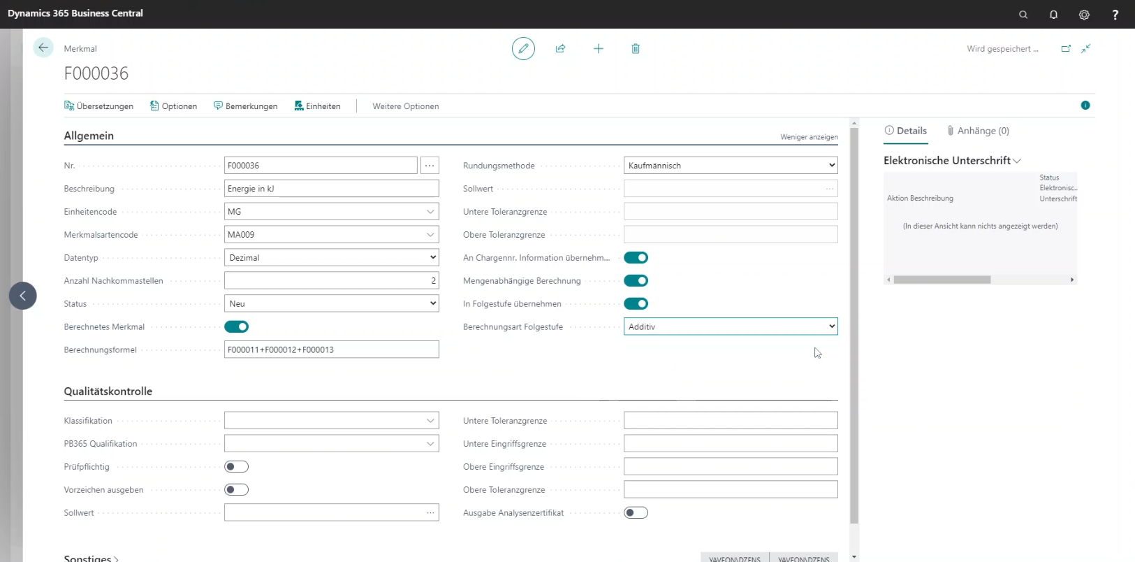 Screenshot Merkmalsverwaltung aus der Research & Development App
